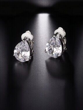 Classic Teardrop Clear Cubic Zirconia Clip-On Earrings - Silver White